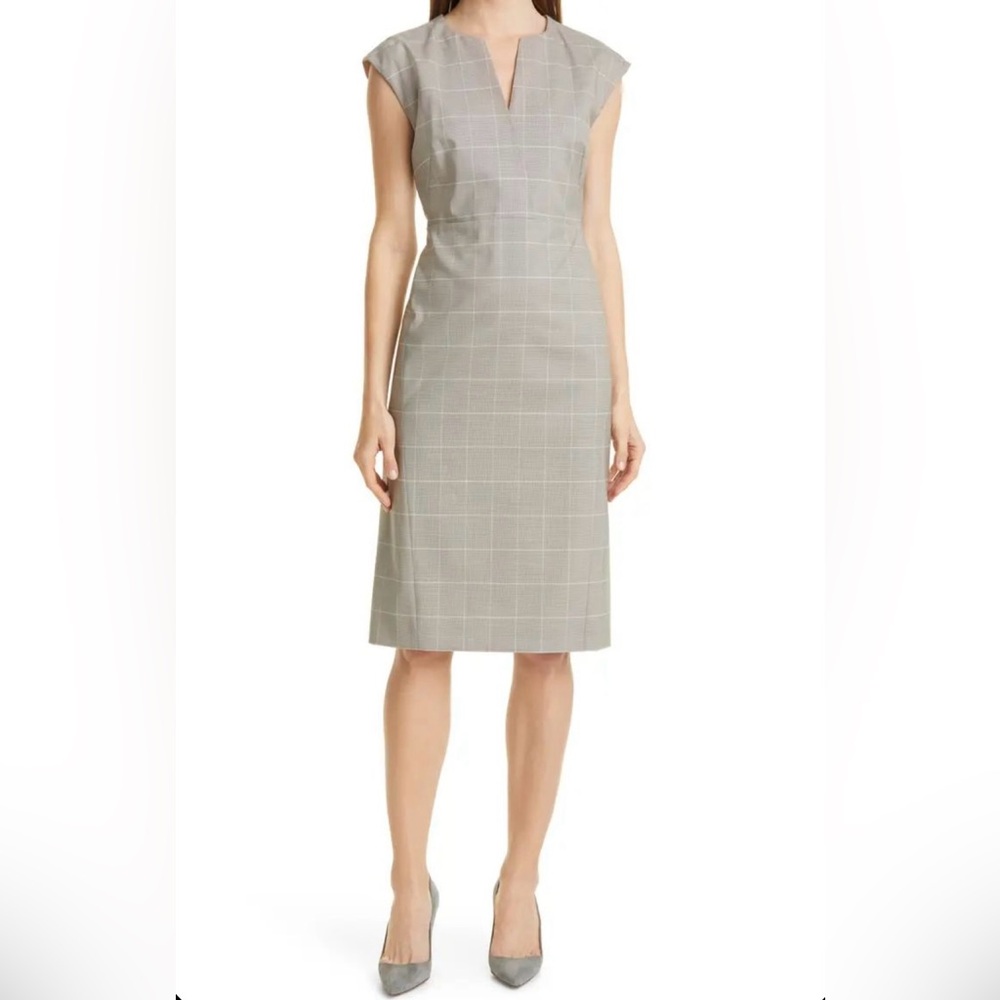 HUGO BOSS Deliza Check Wool Sheath Knee Length  Dress Sand Fantasy NWT Sz8 #160